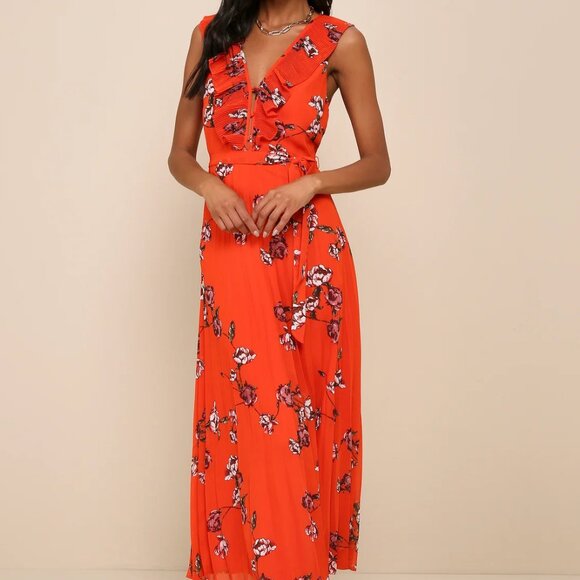 New Lulus Small Orange Floral Chiffon Maxi Dress | New with Tags | Small - Picture 2 of 6